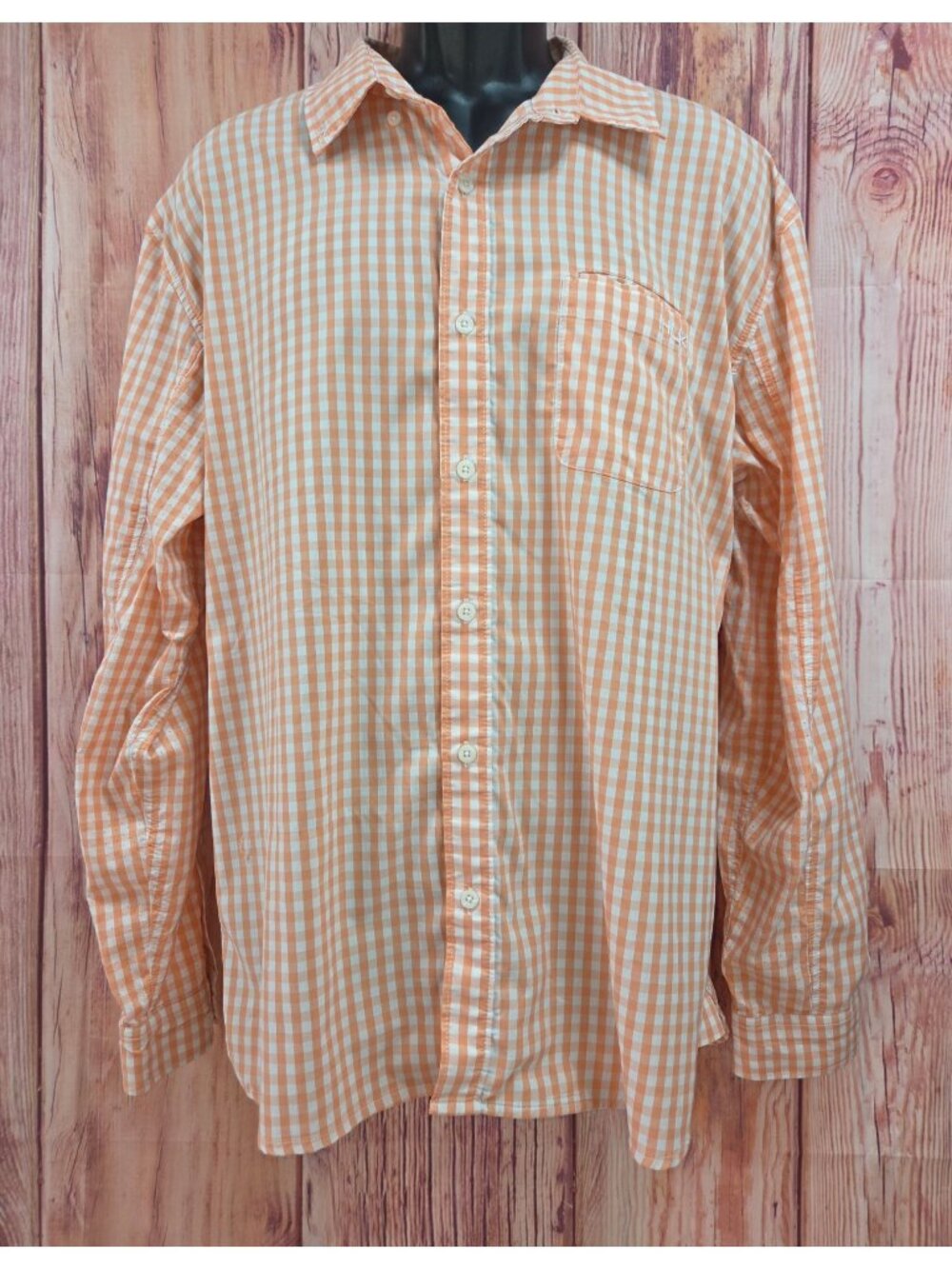 Huk Mens Orange Check Long Sleeve Performance Shirt Large Lightweight